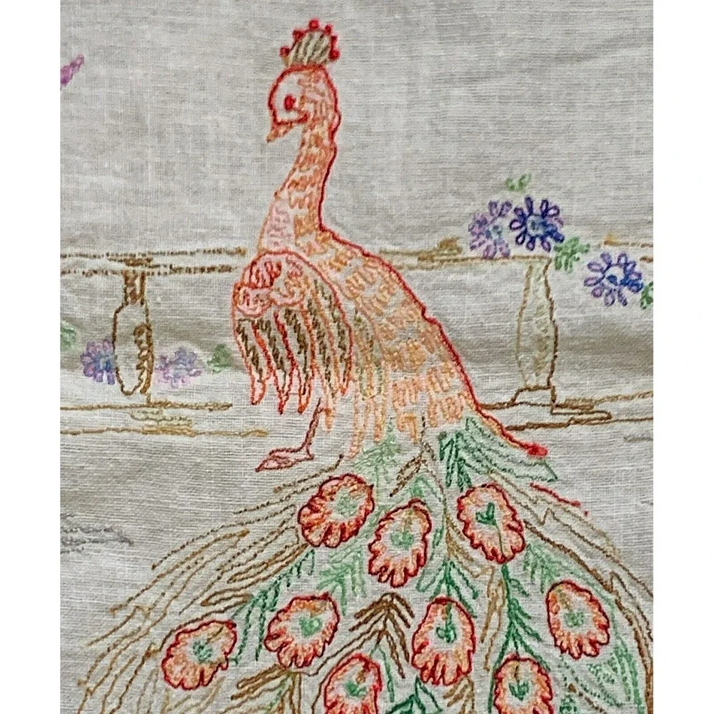 Vintage PEACOCK, Fence & Urn Table Runner Dresser Scarf 36